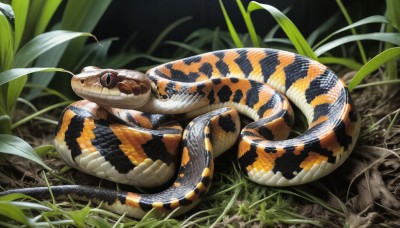 HQ,full body,outdoors,blurry,black eyes,no humans,animal,leaf,grass,plant,snake,realistic,scales,animal focus,oversized animal,solo,closed mouth,lying,nature,frog,lizard