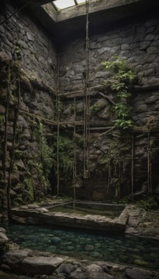 outdoors,day,water,tree,no humans,window,sunlight,plant,scenery,rock,stairs,ruins,lily pad,moss,stone,overgrown,stone wall,indoors