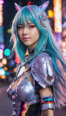 1girl,solo,long hair,breasts,looking at viewer,smile,bangs,blue eyes,hair ornament,animal ears,cleavage,medium breasts,closed mouth,blue hair,upper body,multicolored hair,cat ears,armor,blurry,two-tone hair,lips,grey eyes,aqua hair,makeup,depth of field,blurry background,fake animal ears,shoulder armor,pauldrons,breastplate,realistic,pink hair,green hair,from side,bokeh