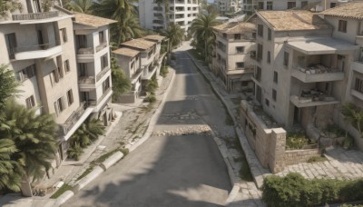 outdoors,day,tree,no humans,window,shadow,sunlight,plant,building,scenery,stairs,city,door,potted plant,road,bush,shade,house,street,cityscape