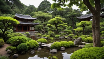 outdoors,day,water,tree,no humans,grass,building,nature,scenery,forest,rock,bush,architecture,east asian architecture,river,shrine,path,stone,pond,stone lantern,stream,plant,reflection,moss,reflective water