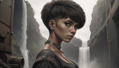 1girl,solo,breasts,looking at viewer,short hair,brown hair,black hair,cleavage,brown eyes,jewelry,medium breasts,collarbone,upper body,weapon,earrings,outdoors,parted lips,choker,dark skin,water,necklace,collar,from side,dark-skinned female,lips,eyelashes,piercing,ear piercing,portrait,realistic,nose,stud earrings,waterfall,bangs,closed mouth,black eyes,scenery