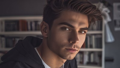 solo,looking at viewer,short hair,brown hair,shirt,1boy,brown eyes,closed mouth,jacket,white shirt,male focus,indoors,dark skin,hood,blurry,book,hoodie,blurry background,facial hair,dark-skinned male,hood down,portrait,beard,realistic,stubble,bookshelf,undercut,library,photo background,black hair,black jacket,close-up,sideburns,mature male