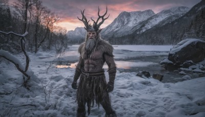 solo,gloves,1boy,standing,male focus,outdoors,horns,sky,cloud,tree,fur trim,muscular,facial hair,nature,scenery,beard,snow,rock,snowing,mountain,antlers,bare tree,long hair,grey hair,belt,armor,abs,facing viewer,clenched hands,sunset