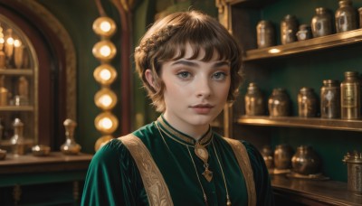 1girl,solo,looking at viewer,short hair,bangs,blue eyes,brown hair,shirt,1boy,jewelry,upper body,male focus,indoors,necklace,blurry,lips,grey eyes,depth of field,blurry background,bottle,androgynous,freckles,realistic,nose,green shirt,shelf,parted lips,gem,portrait