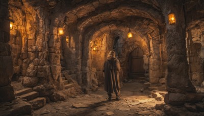 solo,1boy,holding,standing,male focus,indoors,hood,from behind,scenery,1other,robe,lantern,stairs,door,facing away,lamp,ruins,wide shot,pillar,cane,statue,ambiguous gender,arch,rubble,cloak,rock,light,crack,stone,stone floor