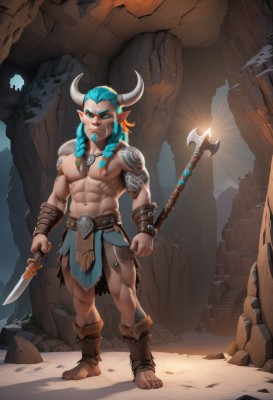 solo,long hair,looking at viewer,blue eyes,1boy,navel,holding,jewelry,nipples,blue hair,standing,full body,weapon,braid,male focus,boots,horns,barefoot,pointy ears,artist name,necklace,stomach,holding weapon,twin braids,aqua hair,tattoo,muscular,glowing,facial hair,piercing,abs,thick eyebrows,knife,pectorals,muscular male,bara,glowing eyes,pelvic curtain,large pectorals,dual wielding,topless male,rock,arm tattoo,axe,loincloth,tooth necklace,multiple braids,thighs,thick thighs,sunlight,beard,mature male,bare pectorals,chest tattoo,navel hair