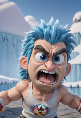 solo,looking at viewer,open mouth,blue eyes,shirt,1boy,blue hair,white shirt,upper body,male focus,outdoors,sky,shorts,teeth,day,tongue,artist name,cloud,blurry,blue sky,muscular,blurry background,thick eyebrows,tank top,aged down,child,male child,white tank top,short hair,bare shoulders,collarbone,v-shaped eyebrows,watermark,spiked hair,web address,ice,realistic