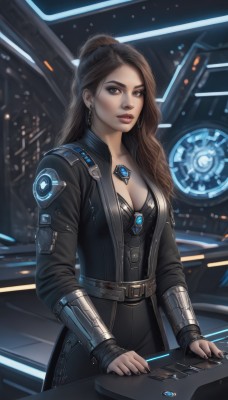 1girl,solo,long hair,breasts,looking at viewer,brown hair,long sleeves,cleavage,brown eyes,jewelry,medium breasts,standing,jacket,ponytail,earrings,parted lips,open clothes,belt,indoors,necklace,nail polish,lips,black jacket,bodysuit,makeup,black nails,science fiction,realistic,nose,red lips,leather