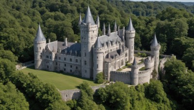 outdoors,sky,day,tree,no humans,grass,building,nature,scenery,forest,mountain,fantasy,castle,tower,landscape,bush,bridge,green theme,river