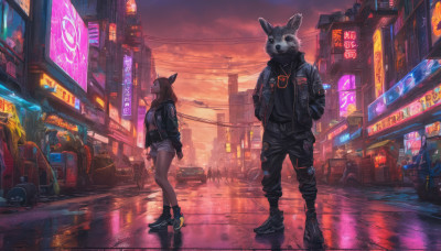 1girl, long hair, brown hair, 1boy, standing, jacket, outdoors, open clothes, sky, shoes, shorts, pants, cloud, black footwear, open jacket, black jacket, ground vehicle, building, scenery, motor vehicle, sunset, city, hands in pockets, car, road, cityscape, street, twilight, cyberpunk, neon lights