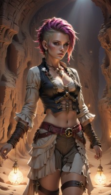 1girl,solo,breasts,looking at viewer,short hair,skirt,shirt,long sleeves,navel,holding,cleavage,brown eyes,jewelry,medium breasts,standing,pink hair,multicolored hair,cowboy shot,earrings,small breasts,parted lips,shorts,midriff,belt,signature,dark skin,necklace,stomach,vest,two-tone hair,dark-skinned female,lips,fingernails,makeup,thigh strap,scar,sunlight,knife,lipstick,buckle,pendant,backlighting,asymmetrical hair,lantern,belt buckle,realistic,nose,brown belt,dagger,mascara,tattoo,watermark,piercing,holding lantern