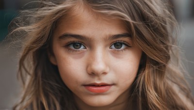 1girl,solo,long hair,looking at viewer,blonde hair,brown hair,brown eyes,closed mouth,blurry,lips,eyelashes,depth of field,blurry background,messy hair,portrait,close-up,freckles,realistic,nose,red lips