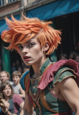 1girl,looking at viewer,short hair,multiple girls,brown hair,brown eyes,jewelry,upper body,earrings,parted lips,multiple boys,sleeveless,solo focus,necklace,orange hair,armor,blurry,black eyes,lips,makeup,floating hair,depth of field,blurry background,lipstick,wind,shoulder armor,messy hair,freckles,realistic,nose,red lips,crowd,2girls,outdoors,teeth,artist name,watermark,dirty