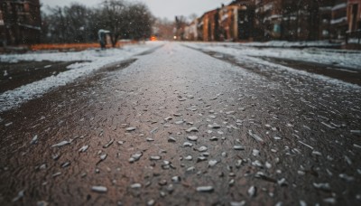 outdoors,sky,blurry,tree,no humans,ground vehicle,building,scenery,motor vehicle,snow,snowing,car,road,winter,lamppost,bare tree,street,photo background,grey sky,real world location,day,depth of field,blurry background,realistic