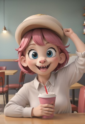 1girl,solo,looking at viewer,blush,smile,short hair,open mouth,bangs,blue eyes,shirt,long sleeves,hat,holding,sitting,white shirt,upper body,pink hair,:d,teeth,collared shirt,artist name,indoors,blurry,arm up,cup,dress shirt,blurry background,fangs,chair,table,wing collar,holding cup,freckles,drinking straw,drink,brown headwear,hand on headwear,cabbie hat,disposable cup,ceiling light,pov across table,child