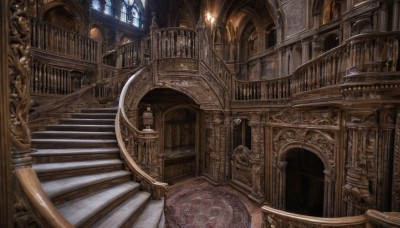 indoors,no humans,window,sunlight,scenery,stairs,door,railing,architecture,perspective,pillar,statue,stained glass,church,arch,chandelier,column,light rays,wooden floor,light,candle,hallway,carpet,candlestand