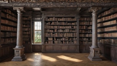 day,indoors,book,no humans,window,shadow,sunlight,scenery,light rays,wooden floor,stairs,bookshelf,architecture,pillar,library,fantasy,book stack,arch,column