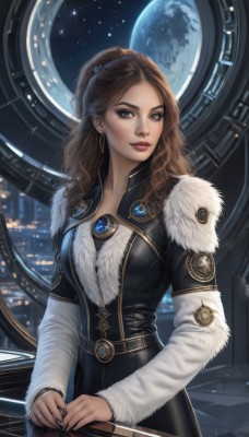 1girl,solo,long hair,breasts,looking at viewer,brown hair,long sleeves,dress,brown eyes,jewelry,earrings,sky,nail polish,lips,fur trim,window,makeup,night,wavy hair,moon,lipstick,star (sky),science fiction,curly hair,realistic,nose,red lips,space,planet,medium breasts,artist name,black dress,ring,black nails,eyeshadow,hoop earrings