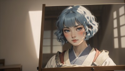 1girl,solo,looking at viewer,blush,short hair,bangs,blue eyes,closed mouth,blue hair,upper body,japanese clothes,indoors,kimono,blurry,apron,lips,grey eyes,window,blurry background,wavy hair,sunlight,portrait,sliding doors,white hair,eyelashes,realistic,nose,red lips