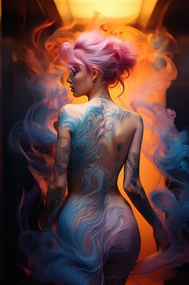 1girl,solo,short hair,jewelry,standing,closed eyes,pink hair,ass,nude,cowboy shot,earrings,looking back,artist name,hair bun,from behind,lips,completely nude,tattoo,profile,makeup,back,single hair bun,fire,smoke,nose,arms at sides,stud earrings,arm tattoo,back tattoo,full-body tattoo,necklace,glowing