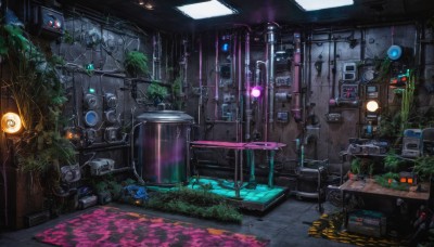 indoors,tree,no humans,window,glowing,chair,table,plant,scenery,science fiction,sign,door,tiles,potted plant,lamp,cable,tile floor,ruins,overgrown,television,speaker