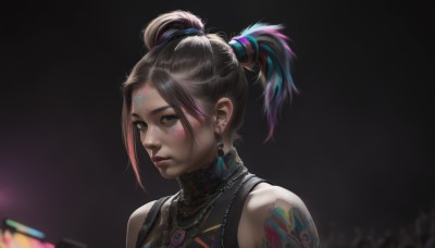 1girl,solo,looking at viewer,brown hair,black hair,hair ornament,bare shoulders,twintails,brown eyes,jewelry,closed mouth,upper body,ponytail,pink hair,multicolored hair,earrings,necklace,blurry,two-tone hair,lips,streaked hair,tattoo,makeup,facial mark,portrait,realistic,nose,hair tie,k/da (league of legends),short hair,sleeveless,black eyes,piercing,black background,facial tattoo