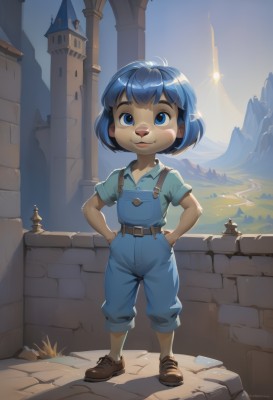 1girl,solo,looking at viewer,smile,short hair,open mouth,blue eyes,shirt,animal ears,blue hair,standing,full body,short sleeves,outdoors,sky,shoes,day,collared shirt,belt,pants,artist name,signature,brown footwear,suspenders,blue shirt,child,furry,hands on hips,mountain,hands in pockets,furry female,female child,overalls,castle,tower,blue overalls,bangs,blush stickers,backlighting