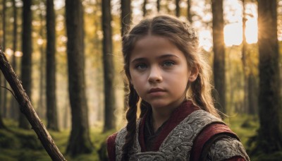 1girl,solo,long hair,looking at viewer,blue eyes,blonde hair,brown hair,closed mouth,upper body,braid,outdoors,armor,blurry,twin braids,tree,lips,grey eyes,depth of field,blurry background,portrait,nature,forest,freckles,lantern,realistic,nose,fantasy,chainmail,holding,jewelry,weapon,earrings,day,eyelashes,expressionless,sunlight,staff,backlighting