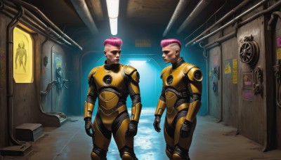 1girl,short hair,multiple girls,gloves,standing,pink hair,male focus,multicolored hair,multiple boys,indoors,dark skin,2boys,armor,two-tone hair,bodysuit,sunglasses,helmet,robot,science fiction,realistic,door,pilot suit,cable,very short hair,undercut,cyborg,pompadour,spacesuit,mohawk,cyberpunk,jewelry,earrings,signature,military,bald