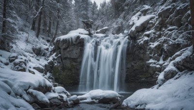 solo,monochrome,outdoors,water,tree,no humans,nature,scenery,snow,forest,rock,snowing,winter,bare tree,river,waterfall,stream,ice,landscape,frozen