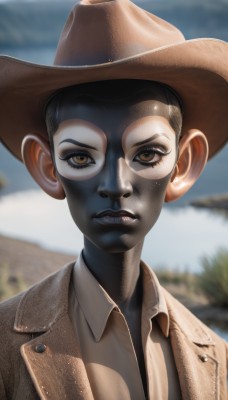 solo,looking at viewer,shirt,black hair,1boy,hat,brown eyes,jacket,upper body,male focus,outdoors,parted lips,teeth,day,collared shirt,blurry,lips,blurry background,colored skin,portrait,brown jacket,realistic,brown headwear,cowboy hat,short hair,white shirt,sky,depth of field,serious,very short hair,leather jacket