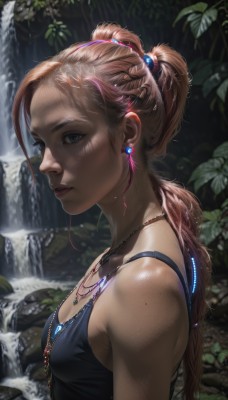 1girl,solo,long hair,breasts,looking at viewer,blue eyes,brown hair,hair ornament,bare shoulders,jewelry,closed mouth,upper body,ponytail,braid,earrings,small breasts,outdoors,sleeveless,water,necklace,mole,blurry,from side,lips,grey eyes,blurry background,leaf,tank top,nature,freckles,realistic,nose,dappled sunlight,waterfall,cleavage,pink hair,multicolored hair,hairband,eyelashes,piercing,sunlight,pendant