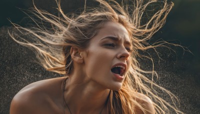 1girl,solo,long hair,open mouth,blonde hair,jewelry,collarbone,closed eyes,nude,teeth,necklace,lips,floating hair,portrait,realistic,nose,1boy,bare shoulders,male focus,tongue