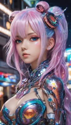 1girl,solo,long hair,breasts,looking at viewer,bangs,blue eyes,large breasts,hair ornament,cleavage,twintails,jewelry,medium breasts,upper body,pink hair,multicolored hair,earrings,parted lips,blurry,lips,eyelashes,double bun,blurry background,headgear,science fiction,realistic,cyberpunk,closed mouth,sidelocks,outdoors,shiny,artist name,hair bun,armor,from side,makeup,depth of field,facial mark,expressionless,eyeshadow,pink lips,nose,android,stud earrings,eyeliner,cable,mascara