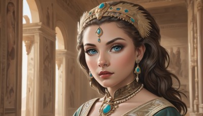 1girl,solo,long hair,looking at viewer,blue eyes,brown hair,hair ornament,jewelry,closed mouth,collarbone,earrings,choker,indoors,necklace,collar,lips,eyelashes,makeup,piercing,tiara,gem,portrait,circlet,realistic,nose,pillar,diadem,black hair,wavy hair,eyeshadow,green dress,red lips,eyeliner,statue