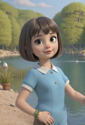 1girl,solo,looking at viewer,smile,short hair,bangs,skirt,brown hair,shirt,dress,brown eyes,jewelry,upper body,short sleeves,small breasts,outdoors,parted lips,sky,day,collared shirt,artist name,cloud,water,blurry,bracelet,tree,blue sky,lips,buttons,depth of field,blurry background,blue dress,bob cut,blue shirt,plant,child,freckles,female child,hand on hip,grass