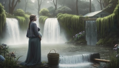 1girl,solo,long hair,breasts,large breasts,brown hair,long sleeves,dress,standing,braid,flower,outdoors,day,water,tree,wet,single braid,profile,grass,plant,nature,scenery,wading,forest,bucket,waterfall,skirt,medium breasts,japanese clothes,kimono,pregnant,river