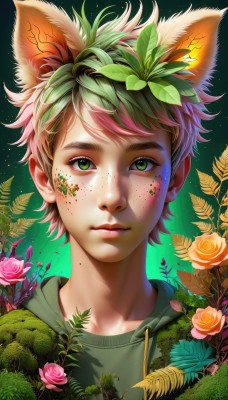 solo,looking at viewer,short hair,bangs,shirt,1boy,animal ears,closed mouth,green eyes,upper body,pink hair,flower,male focus,multicolored hair,green hair,artist name,cat ears,hood,two-tone hair,lips,gradient,fox ears,gradient background,eyelashes,hoodie,rose,leaf,watermark,thick eyebrows,plant,portrait,pink flower,freckles,green background,realistic,yellow flower,nose,green shirt,pink rose,green theme,orange flower,yellow rose,web address,extra ears