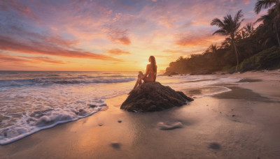 1girl, solo, long hair, sitting, swimsuit, bikini, outdoors, sky, cloud, water, tree, ocean, beach, scenery, sunset, rock, sand, palm tree, horizon