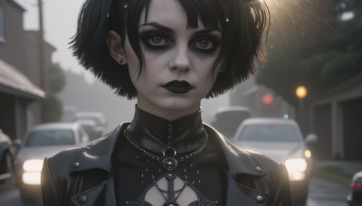 1girl,solo,looking at viewer,short hair,bangs,black hair,jewelry,closed mouth,green eyes,jacket,upper body,earrings,outdoors,artist name,necklace,mole,blurry,black eyes,lips,black jacket,wet,clothing cutout,makeup,depth of field,blurry background,piercing,cleavage cutout,lipstick,ground vehicle,ear piercing,portrait,motor vehicle,eyeshadow,rain,car,stud earrings,eyeliner,leather,leather jacket,mascara,gothic,black lips,dress,solo focus,black dress,eyelashes,night,building,close-up,wet hair