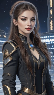 1girl,solo,long hair,breasts,looking at viewer,brown hair,long sleeves,cleavage,brown eyes,jewelry,medium breasts,jacket,upper body,earrings,outdoors,parted lips,sky,belt,necklace,hair bun,mole,blurry,lips,makeup,night,blurry background,lipstick,brooch,night sky,eyeshadow,realistic,nose,red lips,stud earrings,eyeliner,braid,artist name,mole under eye