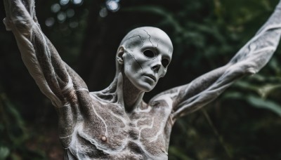 solo,1boy,closed mouth,upper body,male focus,blurry,arms up,no humans,blurry background,parody,outstretched arms,veins,realistic,bald,alien,horror (theme),what,nipples,muscular,depth of field,skull,skeleton