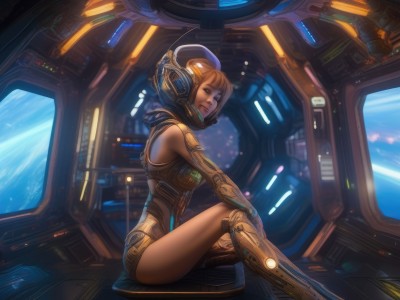 1girl,solo,breasts,looking at viewer,short hair,bangs,blue eyes,blonde hair,gloves,bare shoulders,sitting,elbow gloves,orange hair,from side,lips,headgear,helmet,science fiction,realistic,space,planet,cyborg,spacecraft,cockpit,window,bodysuit,cable,earth (planet)