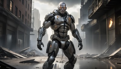 HQ,solo,looking at viewer,1boy,standing,male focus,outdoors,sky,cloud,signature,armor,orange eyes,muscular,glowing,abs,cloudy sky,fire,robot,building,mecha,glowing eyes,science fiction,city,realistic,ruins,cyborg,open hands,power armor,colored skin,road,bald,street,debris,cyberpunk,dust,rubble