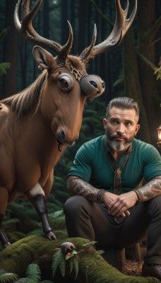 solo,looking at viewer,blue eyes,shirt,1boy,brown eyes,jewelry,sitting,closed mouth,grey hair,male focus,earrings,outdoors,shoes,pants,necklace,blurry,bracelet,tree,tattoo,facial hair,bird,animal,brown footwear,black pants,squatting,blue shirt,nature,beard,forest,realistic,green shirt,antlers,brown pants,old,hair slicked back,old man,deer,wrinkled skin,necktie,leaf,own hands together,arm tattoo,aqua shirt,log