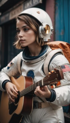 1girl,solo,short hair,blonde hair,brown hair,long sleeves,holding,brown eyes,cowboy shot,sweat,parted lips,belt,pants,bag,blurry,lips,blurry background,backpack,helmet,instrument,freckles,realistic,nose,music,guitar,playing instrument,holding instrument,american flag,spacesuit,space helmet,astronaut,blue eyes,science fiction,dirty,plectrum