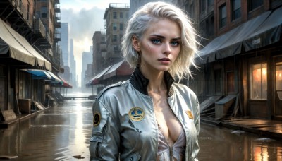 HQ,1girl,solo,breasts,looking at viewer,short hair,blue eyes,blonde hair,shirt,cleavage,medium breasts,collarbone,jacket,white shirt,upper body,white hair,outdoors,parted lips,open clothes,sky,day,cloud,water,open jacket,lips,wet,makeup,scar,sunlight,cloudy sky,denim,building,front-tie top,freckles,reflection,cropped jacket,rain,city,realistic,nose,unzipped,wet hair,watercraft,badge,boat,denim jacket,long sleeves,window,umbrella,white jacket,lipstick,wind,messy hair,wet clothes,smoke,emblem,car,light,dirty,dirty face,dirty clothes