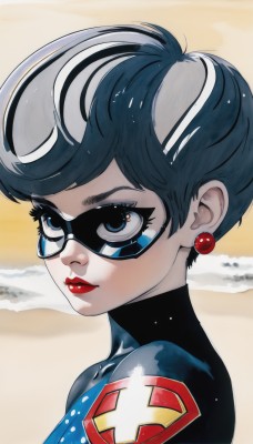 1girl,solo,short hair,blue eyes,black hair,jewelry,upper body,grey hair,multicolored hair,earrings,outdoors,lips,eyelashes,bodysuit,makeup,mask,beach,lipstick,portrait,eyeshadow,sand,red lips,animification,superhero,mascara,domino mask,bangs,closed mouth,water,from side,swept bangs,ocean