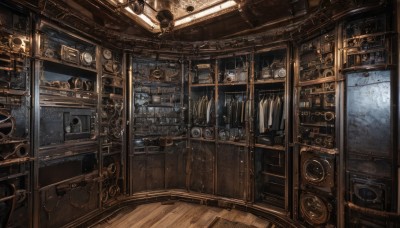 indoors,book,dutch angle,no humans,window,table,scenery,wooden floor,stairs,door,clock,bookshelf,shelf,gears,steampunk,loaded interior,bottle,fantasy,drawer,cabinet